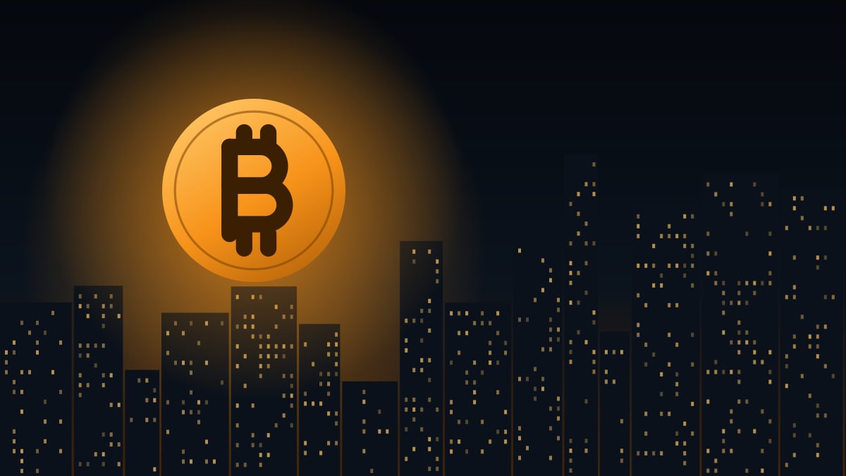 Illustration of a city skyline at night with a large glowing bitcoin coin