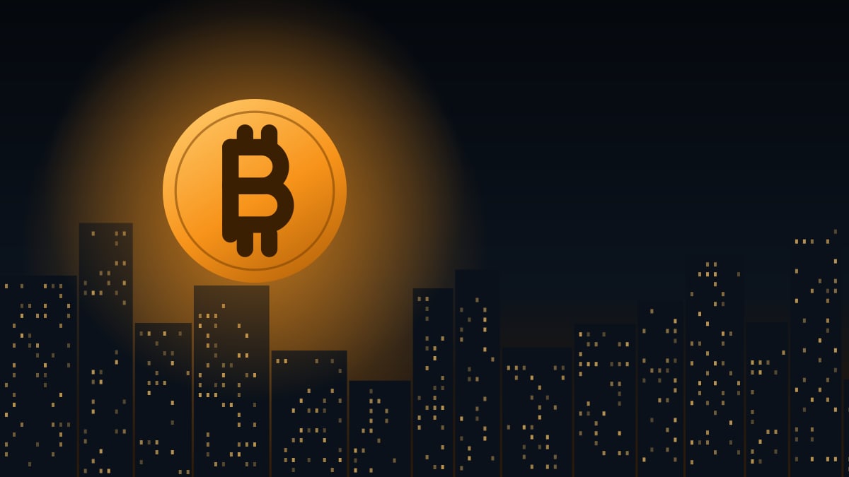 Illustration of a city skyline at night with a large glowing bitcoin coin