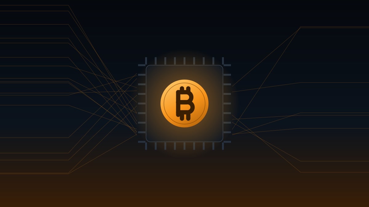 Illustration of a microchip with a glowing bitcoin coin at its center