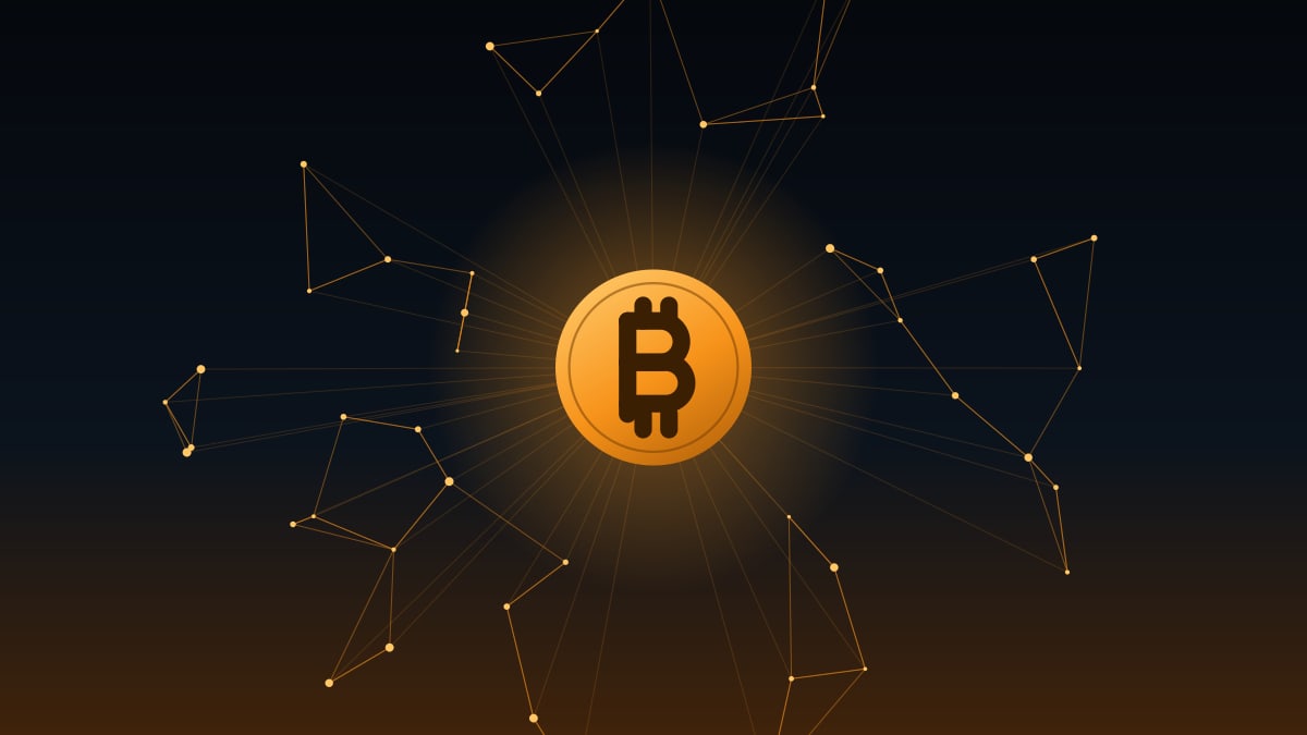 Illustration of a glowing bitcoin coin surrounded by a network of connected nodes