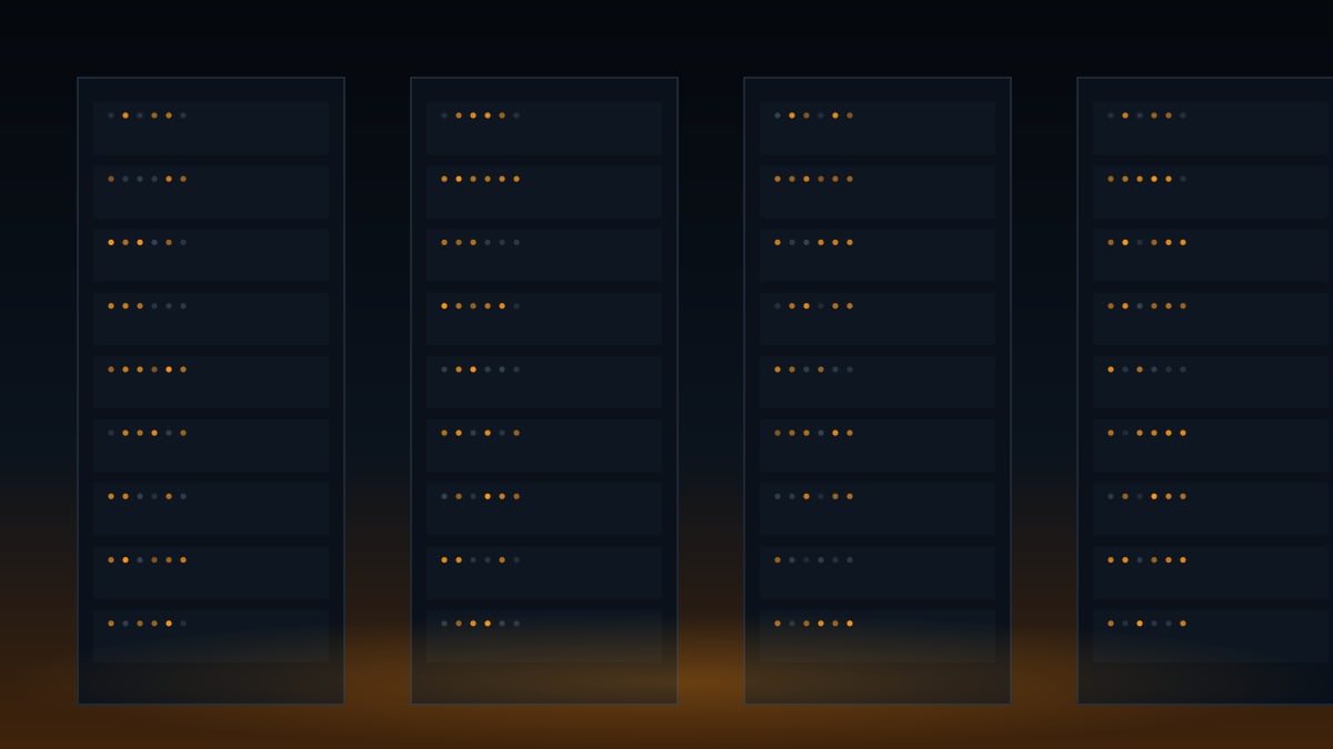 Illustration of rows of server racks with glowing indicator lights
