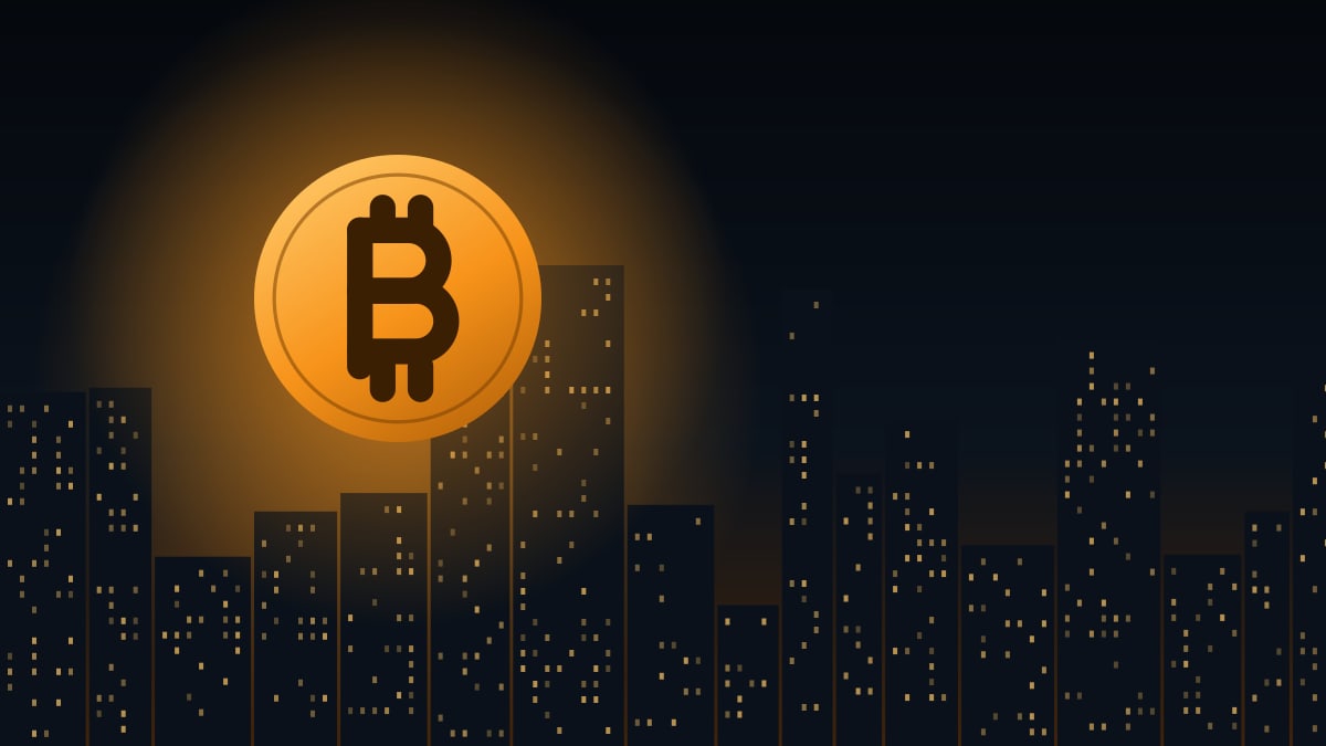 Illustration of a city skyline at night with a large glowing bitcoin coin