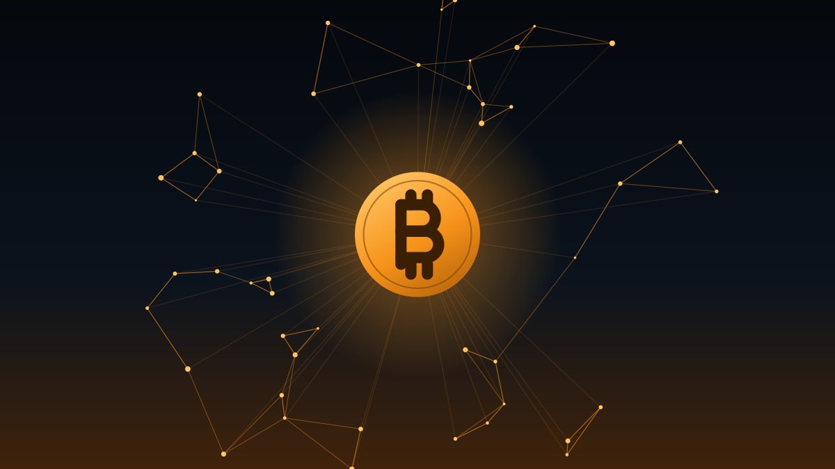 Illustration of a glowing bitcoin coin surrounded by a network of connected nodes