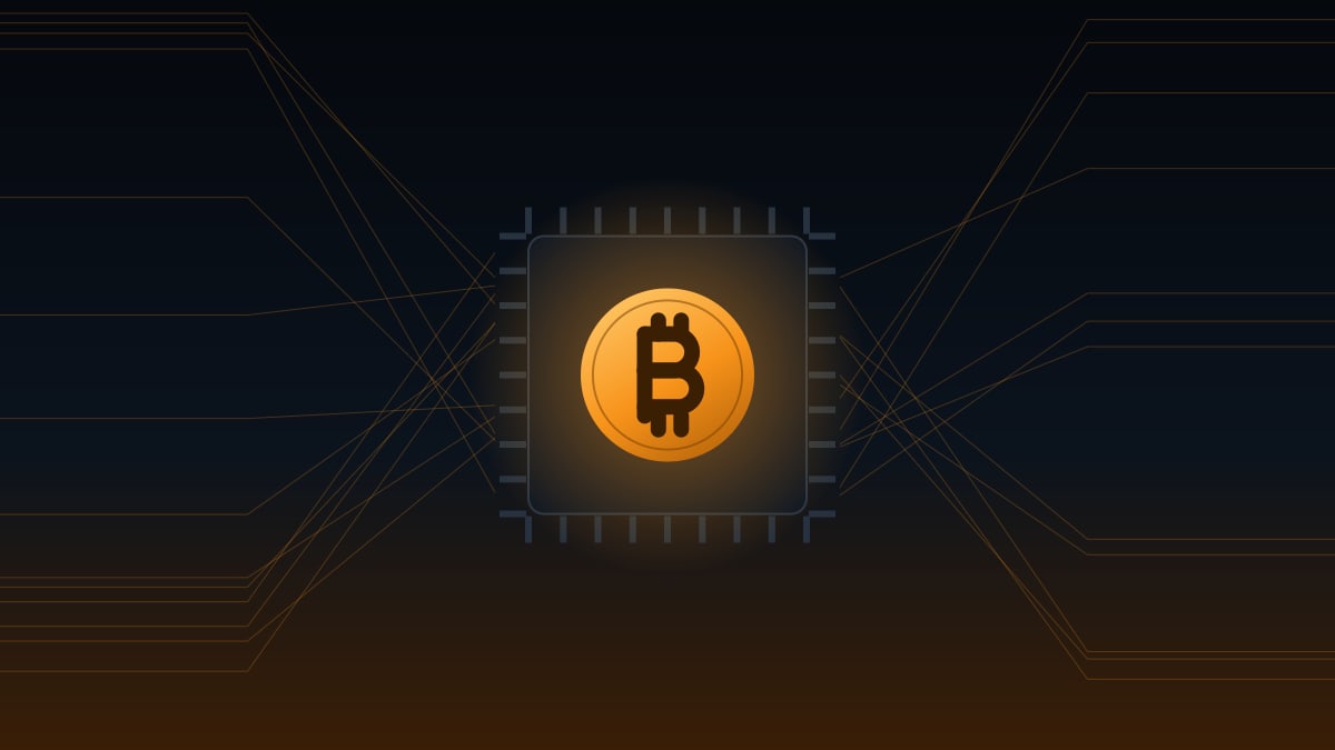 Illustration of a microchip with a glowing bitcoin coin at its center