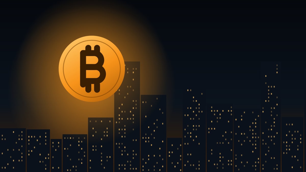 Ilustración del perfil de una ciudad de noche con una gran moneda de bitcoin brillante