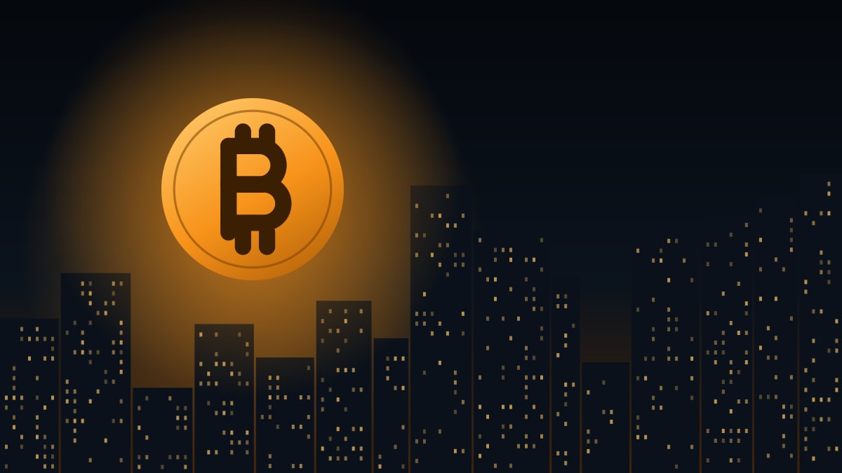 Illustration of a city skyline at night with a large glowing bitcoin coin