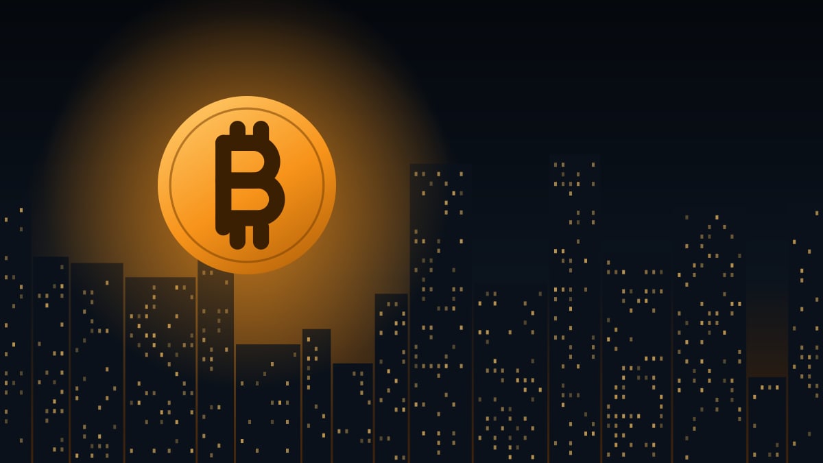 Illustration of a city skyline at night with a large glowing bitcoin coin