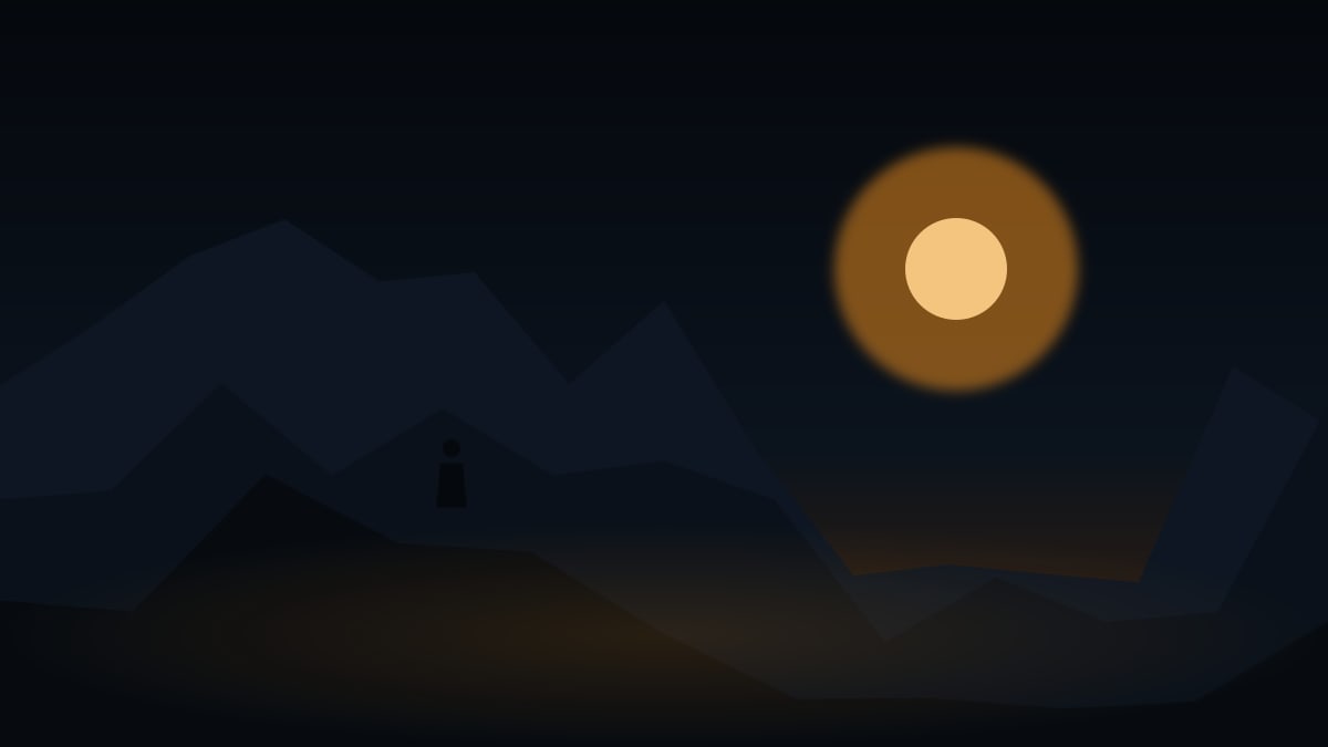 Ilustración de una figura solitaria en una cresta de montaña al anochecer bajo un sol resplandeciente