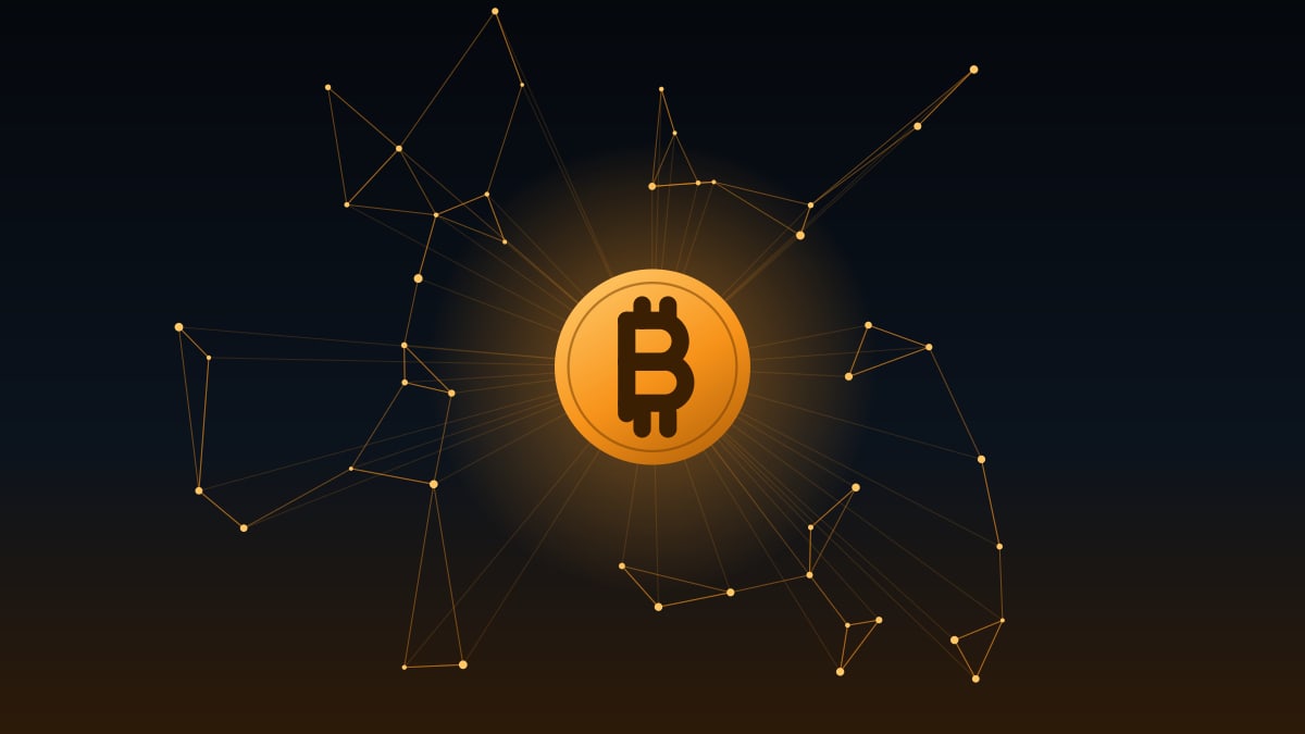 Illustration of a glowing bitcoin coin surrounded by a network of connected nodes