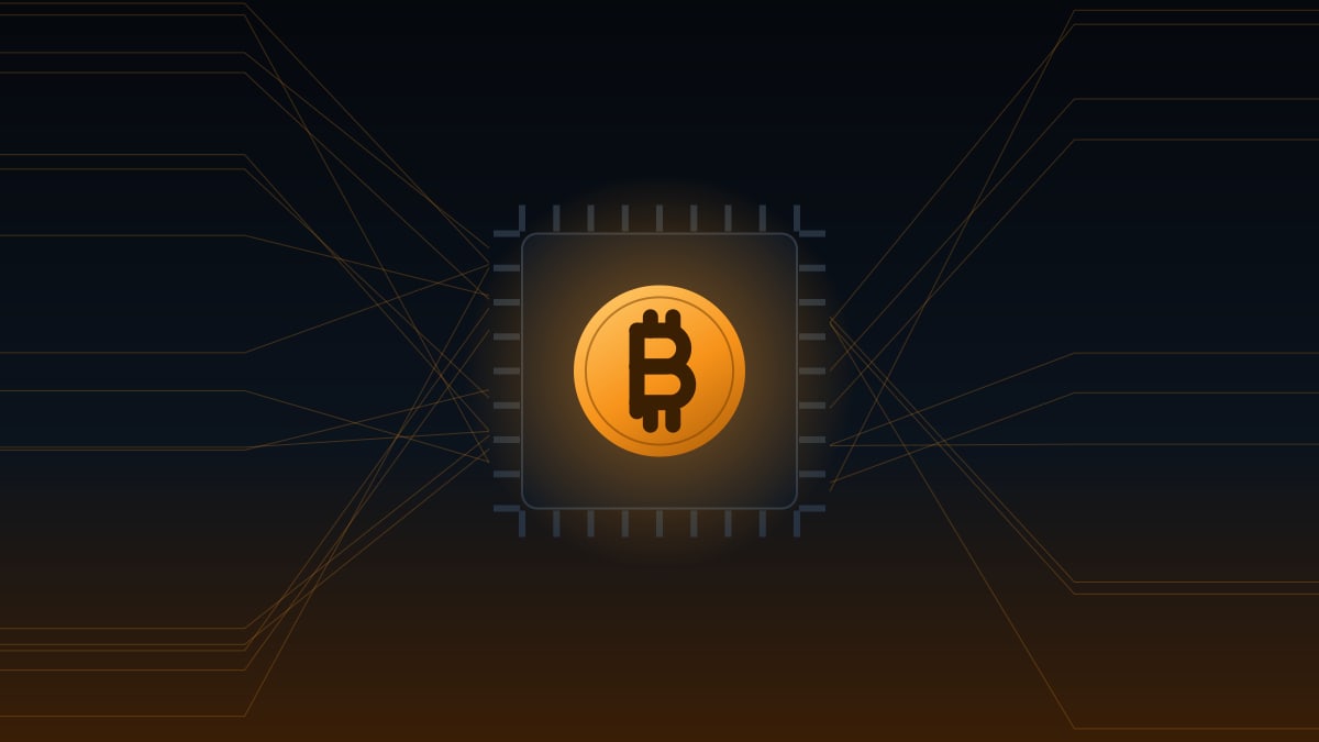 Illustration of a microchip with a glowing bitcoin coin at its center