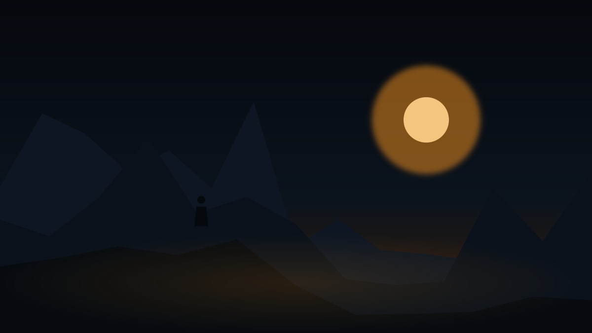 Illustration of a lone figure on a mountain ridge at dusk under a glowing sun