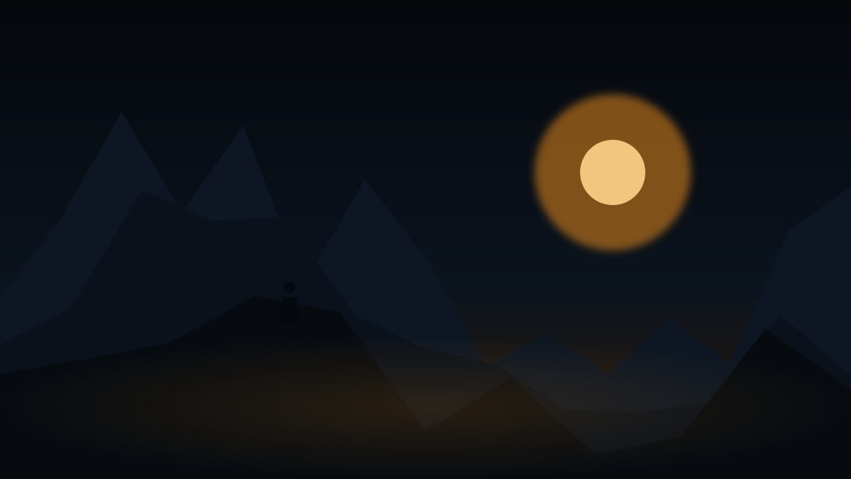 Illustration of a lone figure on a mountain ridge at dusk under a glowing sun