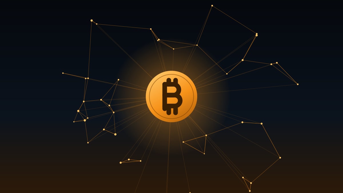 Illustration of a glowing bitcoin coin surrounded by a network of connected nodes