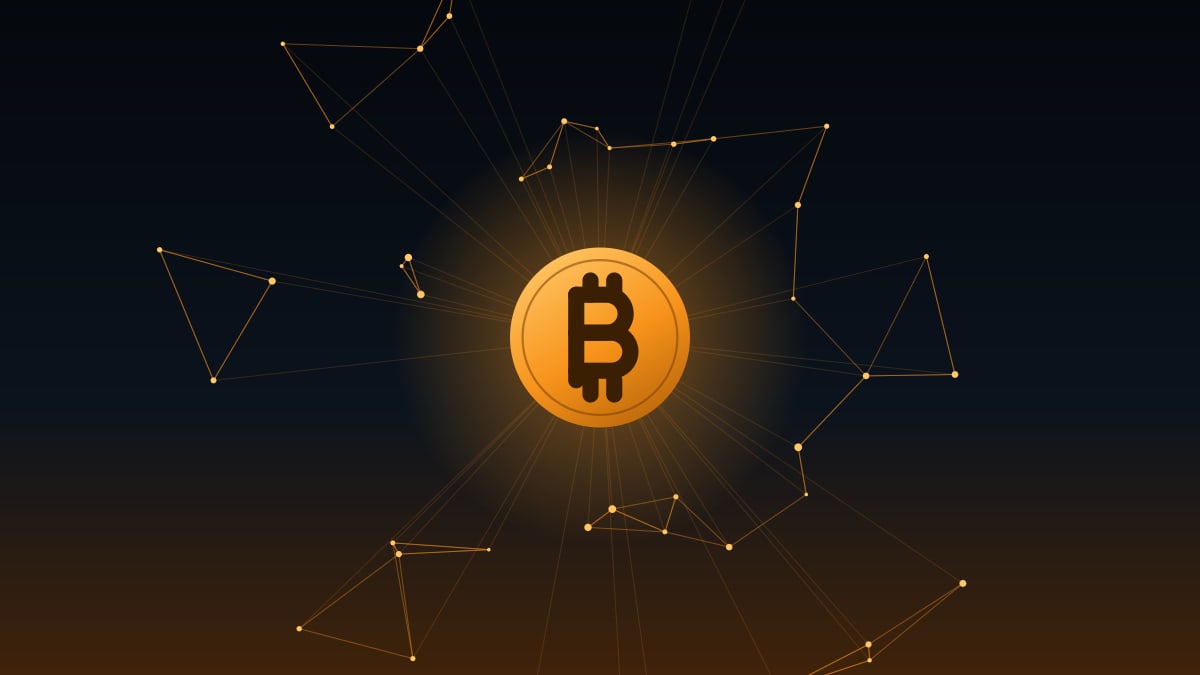 Illustration of a glowing bitcoin coin surrounded by a network of connected nodes