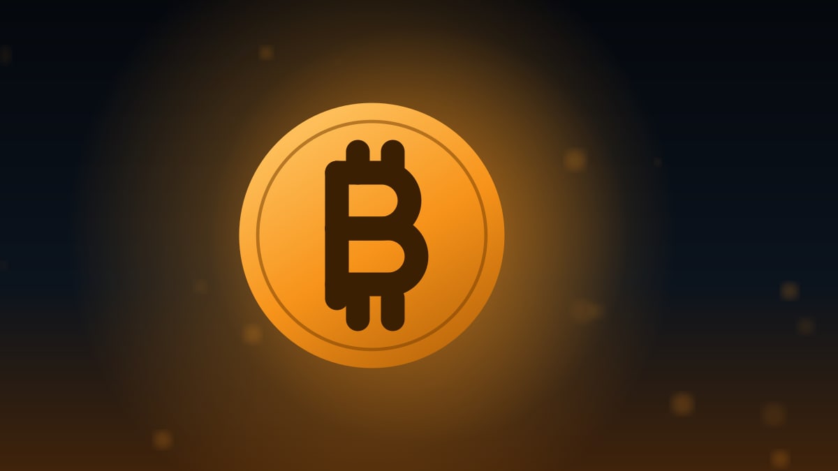 Illustration of a large glowing orange bitcoin coin on a dark background