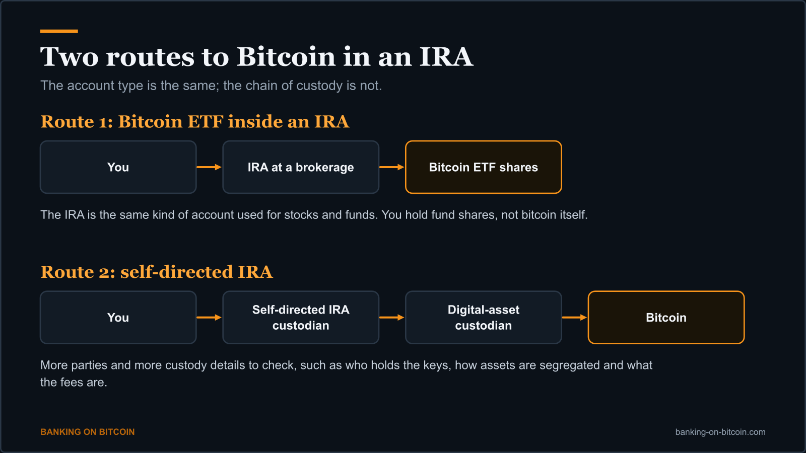 Diagram of two routes to Bitcoin in an IRA: a Bitcoin ETF in a brokerage IRA, or a self-directed IRA with a digital-asset custodian