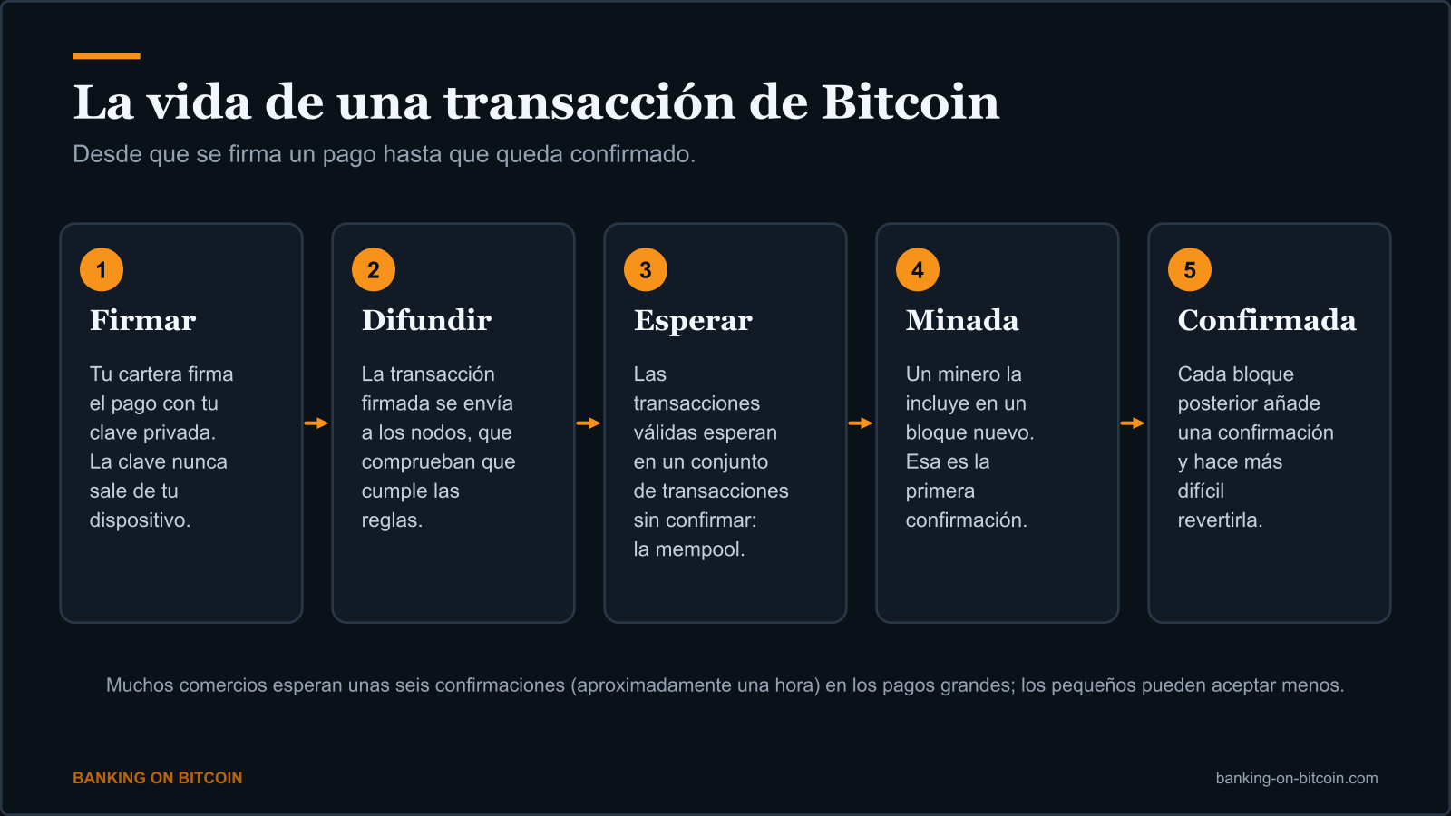 Diagrama de cinco pasos de una transacción de Bitcoin: firmada, difundida, en espera, minada y confirmada