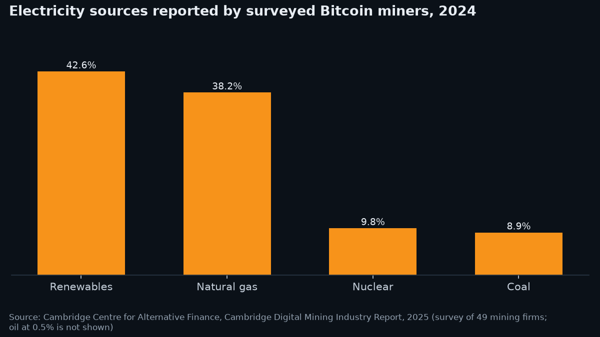 Bar chart of the electricity mix reported by surveyed Bitcoin miners in 2024: renewables 42.6%, natural gas 38.2%, nuclear 9.8% and coal 8.9%.